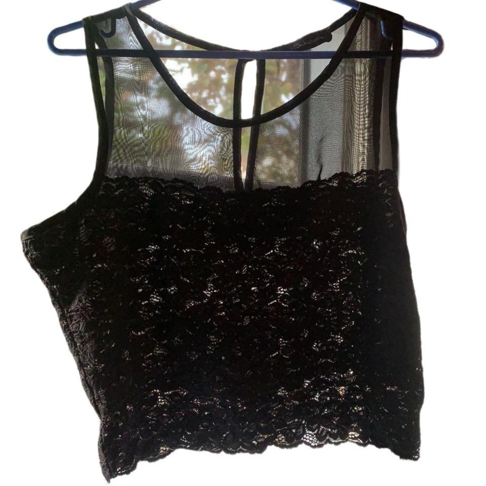 3 For $25 Y2K Seduction Black Lace Sheer Mesh Illusion Neck Crop Tank Top L